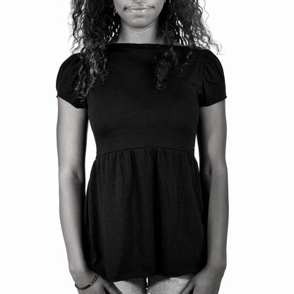 black cotton modal cap sleeve babydoll tee front on model