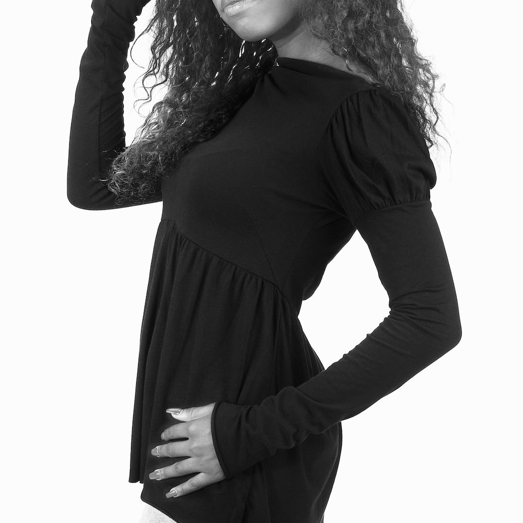 black cotton modal puff shoulder long sleeve babydoll tee side view