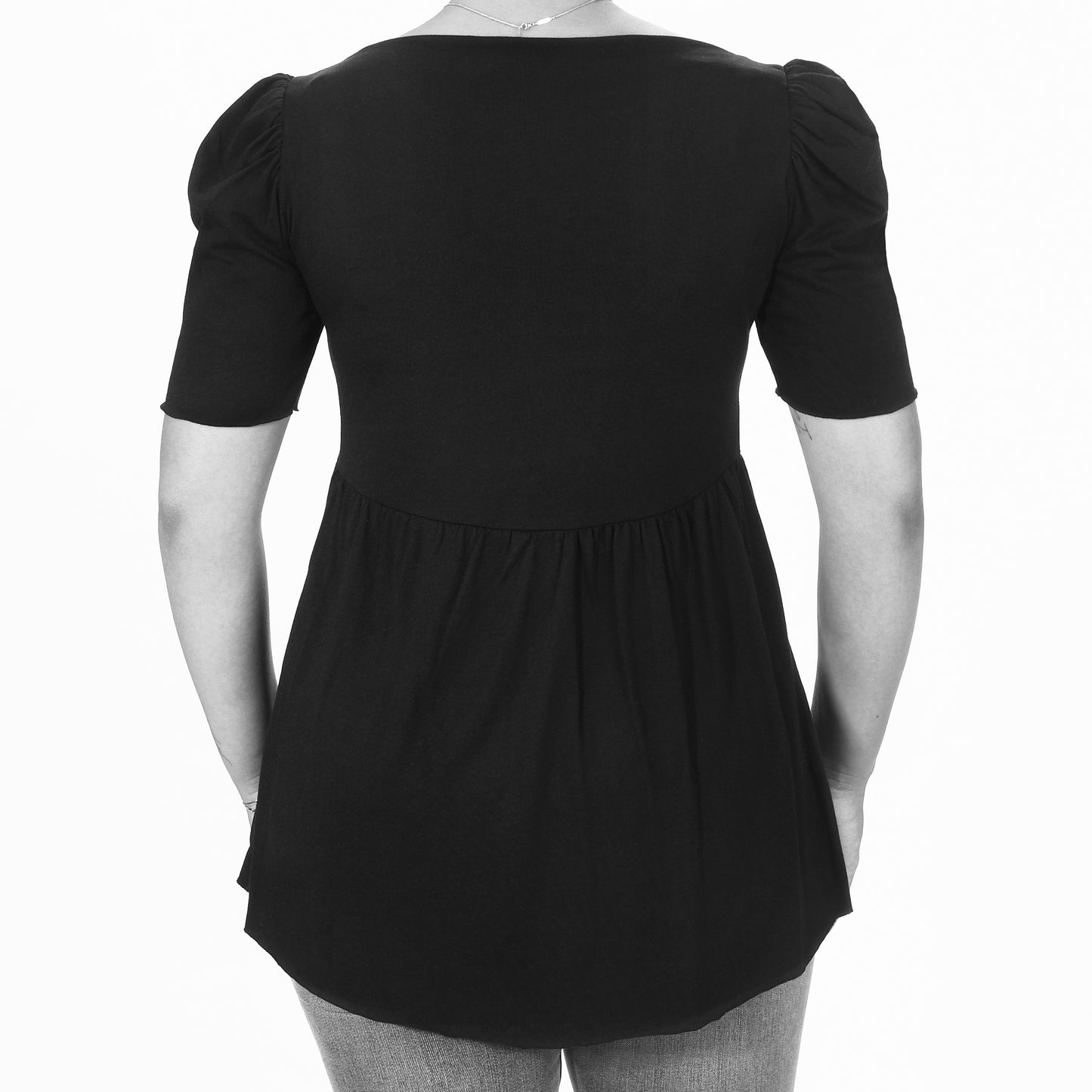 black cotton modal medium length sleeve babydoll tee back view on model