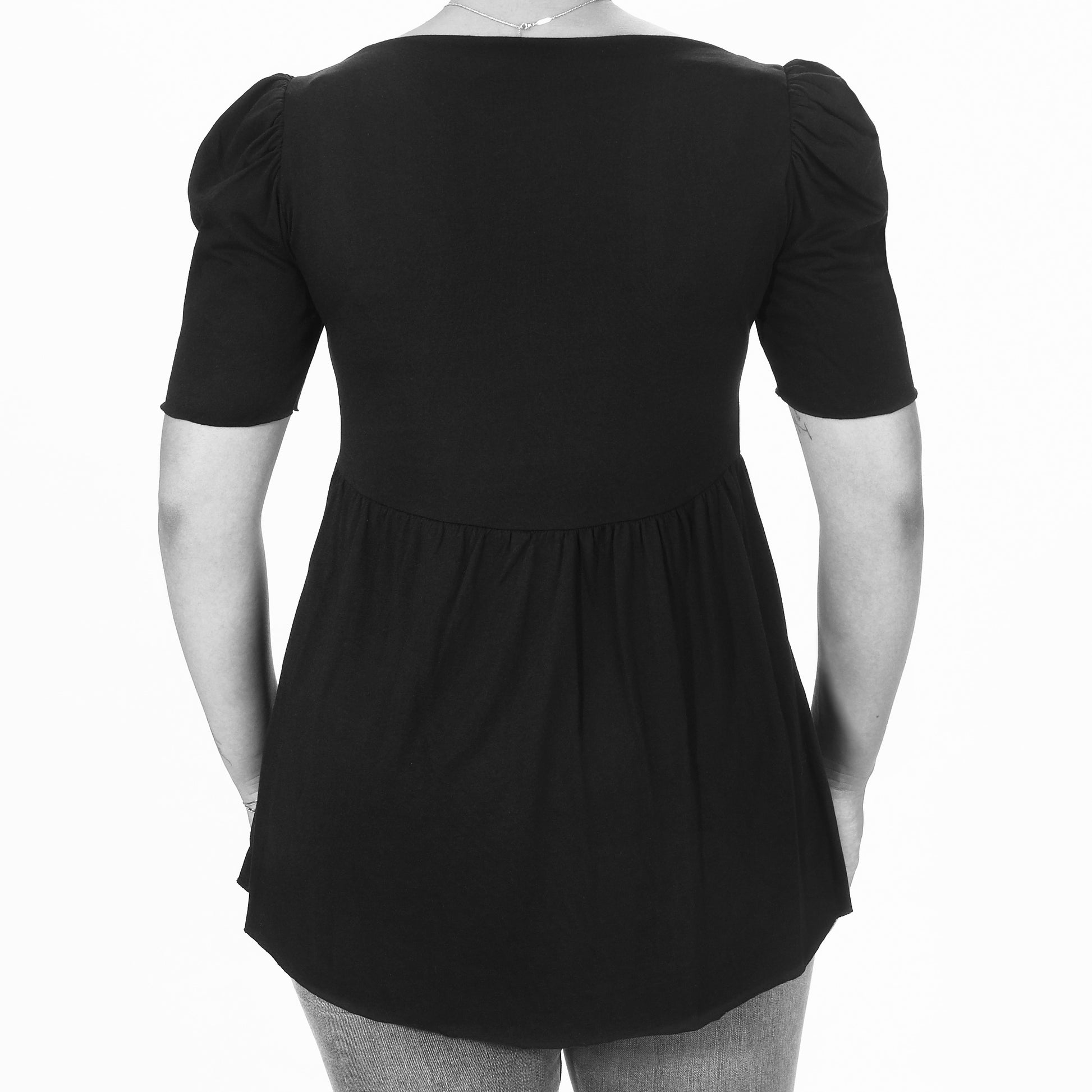 black cotton modal medium length sleeve babydoll tee back view on model