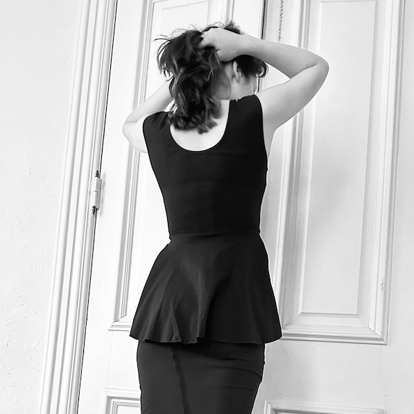 black cotton spandex fit and flare tank back view